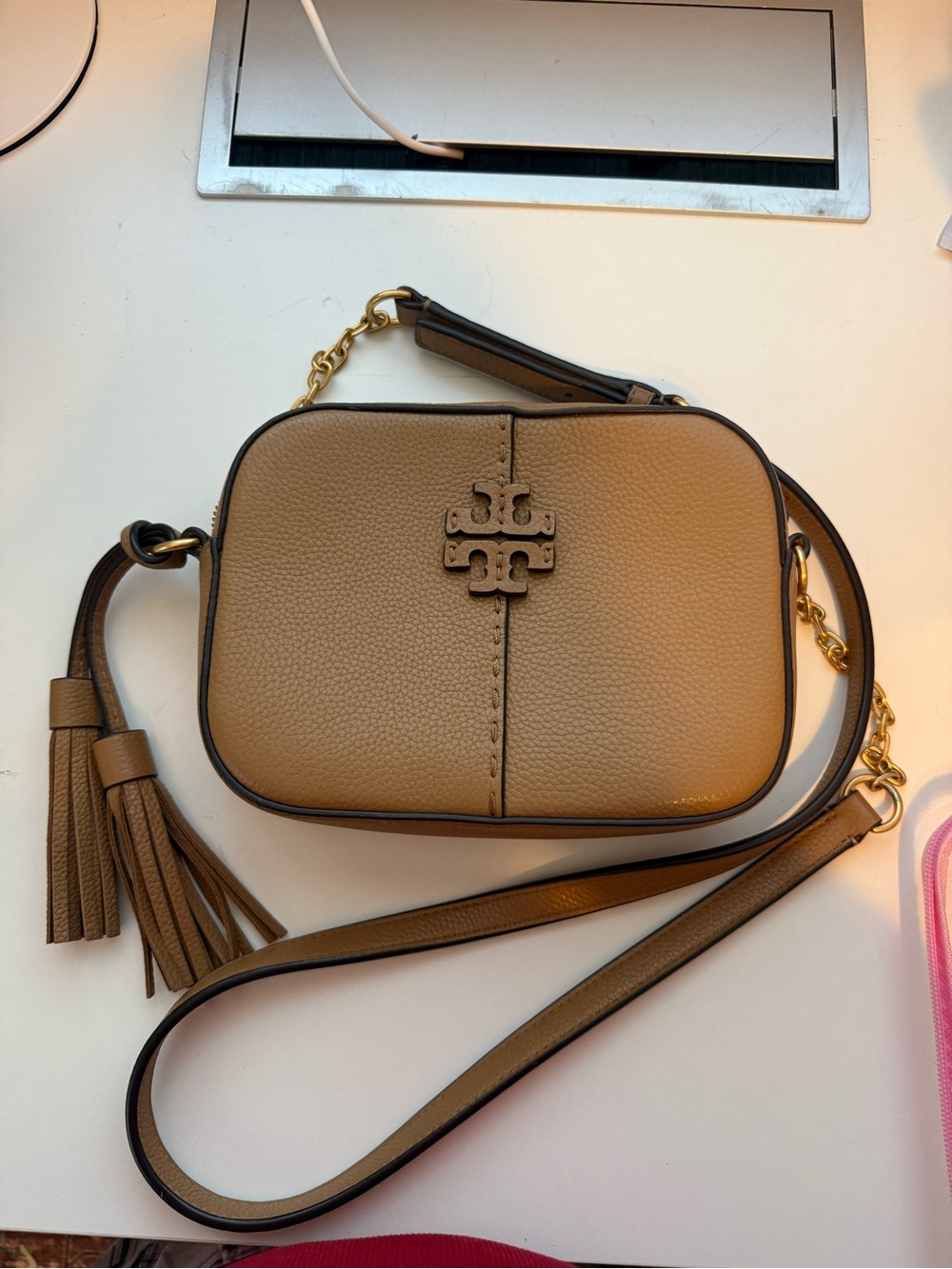 Tory Burch Small Camera Crossbody in Tan with Tassel - Picture 4 of 4